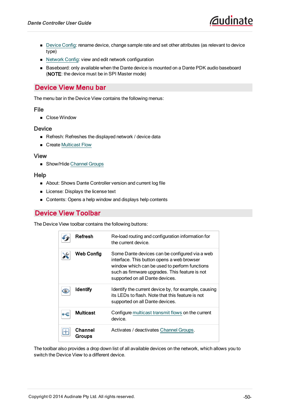 Device view menu bar, File, Device | View, Help, Device view toolbar | ClearOne Dante Controller User Manual | Page 50 / 82