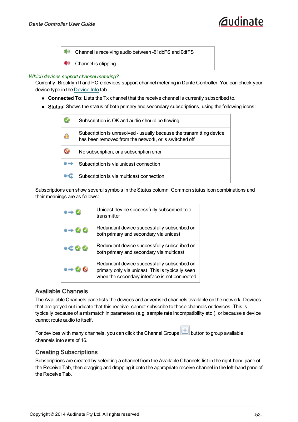 Available channels, Creating subscriptions | ClearOne Dante Controller User Manual | Page 52 / 82