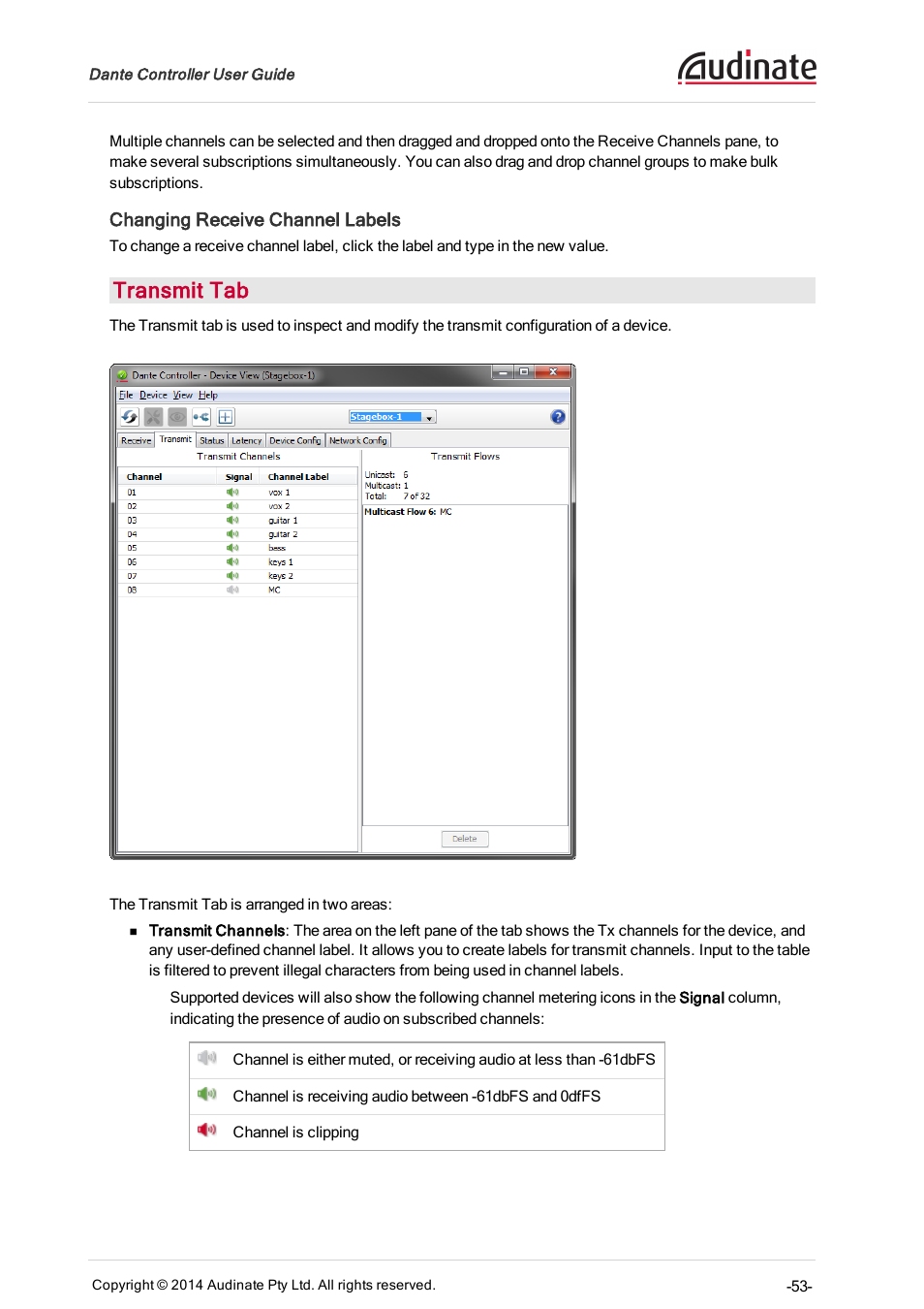 Changing receive channel labels, Transmit tab, Transmit | ClearOne Dante Controller User Manual | Page 53 / 82