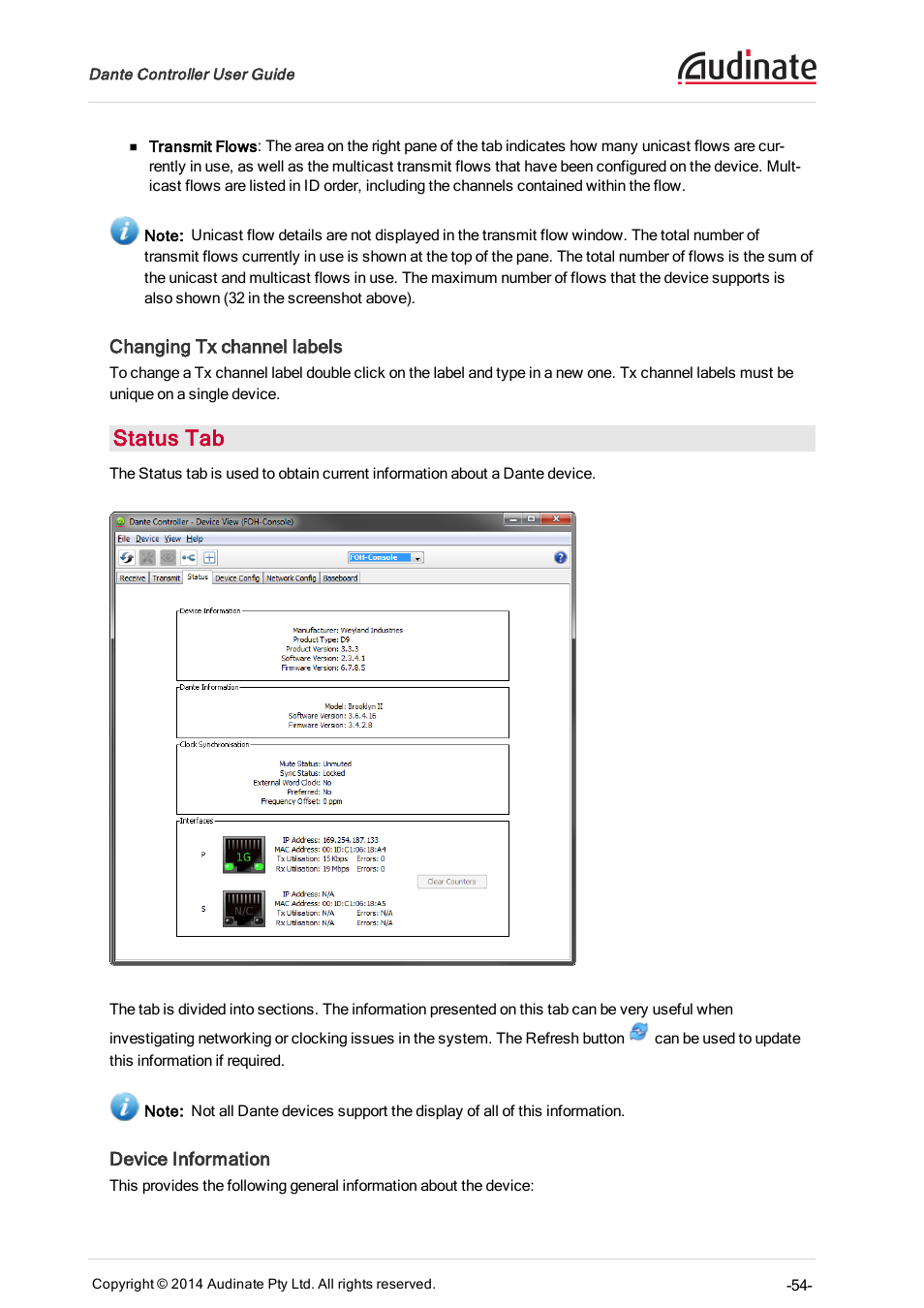 Changing tx channel labels, Status tab, Device information | Status bar, Mute status, Status | ClearOne Dante Controller User Manual | Page 54 / 82