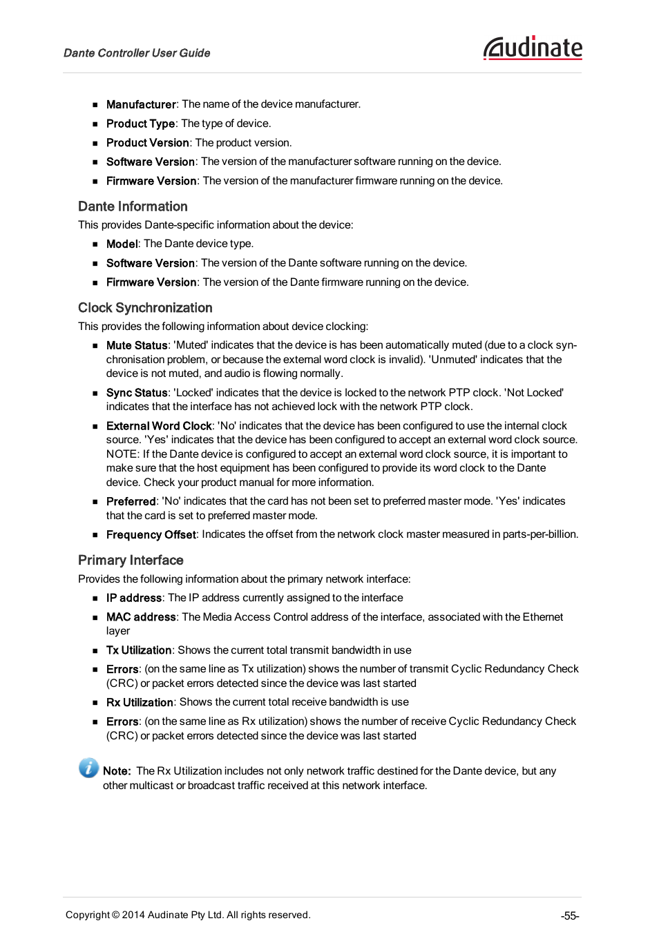 Dante information, Clock synchronization, Primary interface | ClearOne Dante Controller User Manual | Page 55 / 82
