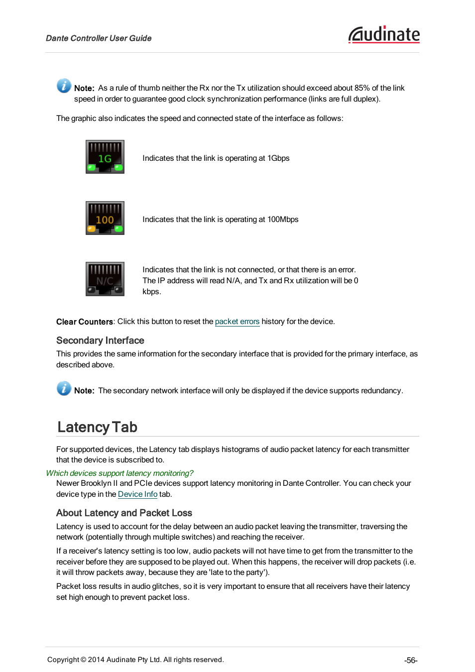 Secondary interface, Latency tab, About latency and packet loss | Latency | ClearOne Dante Controller User Manual | Page 56 / 82