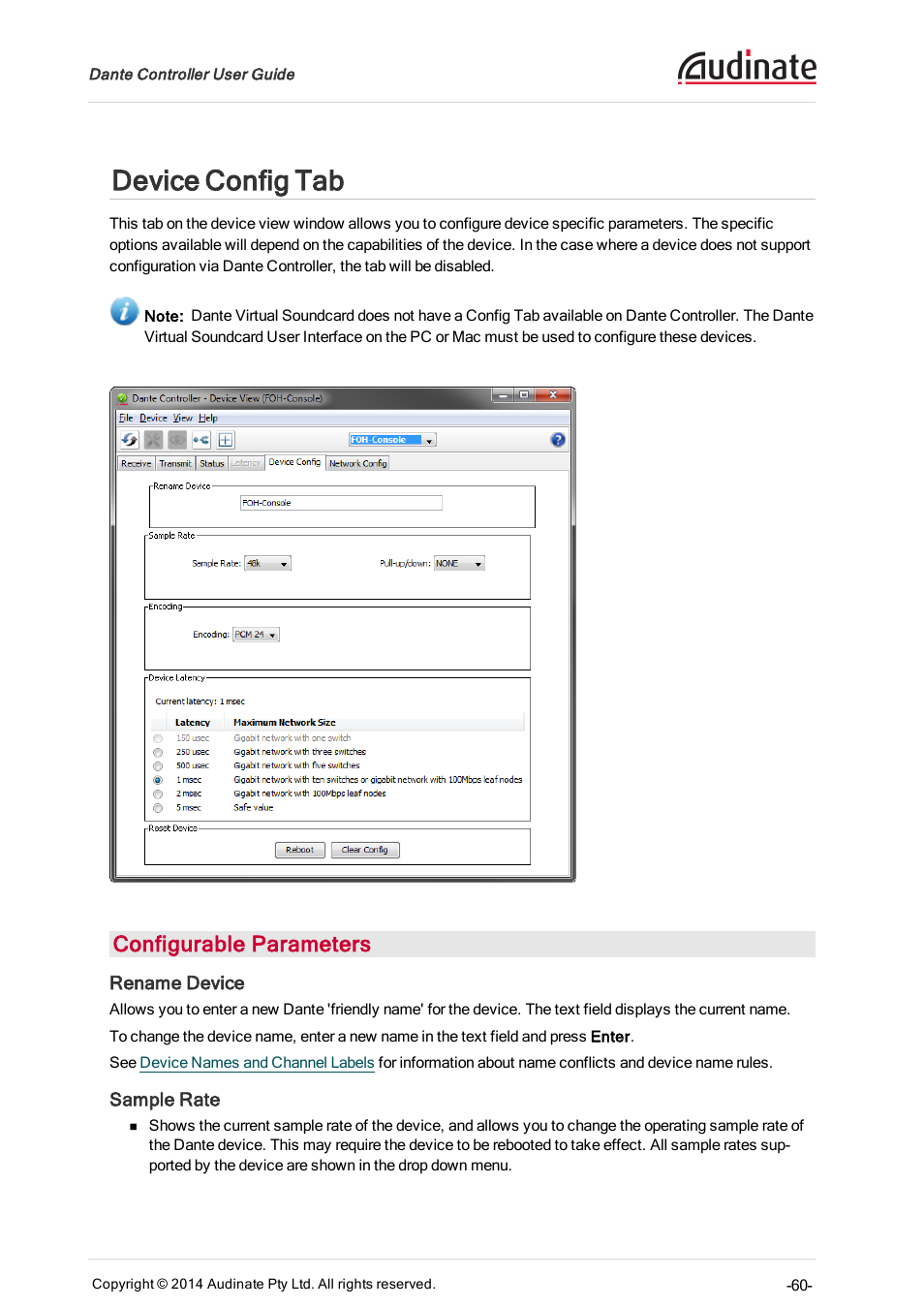 Device config tab, Configurable parameters, Rename device | Sample rate, Clear config, Device config | ClearOne Dante Controller User Manual | Page 60 / 82