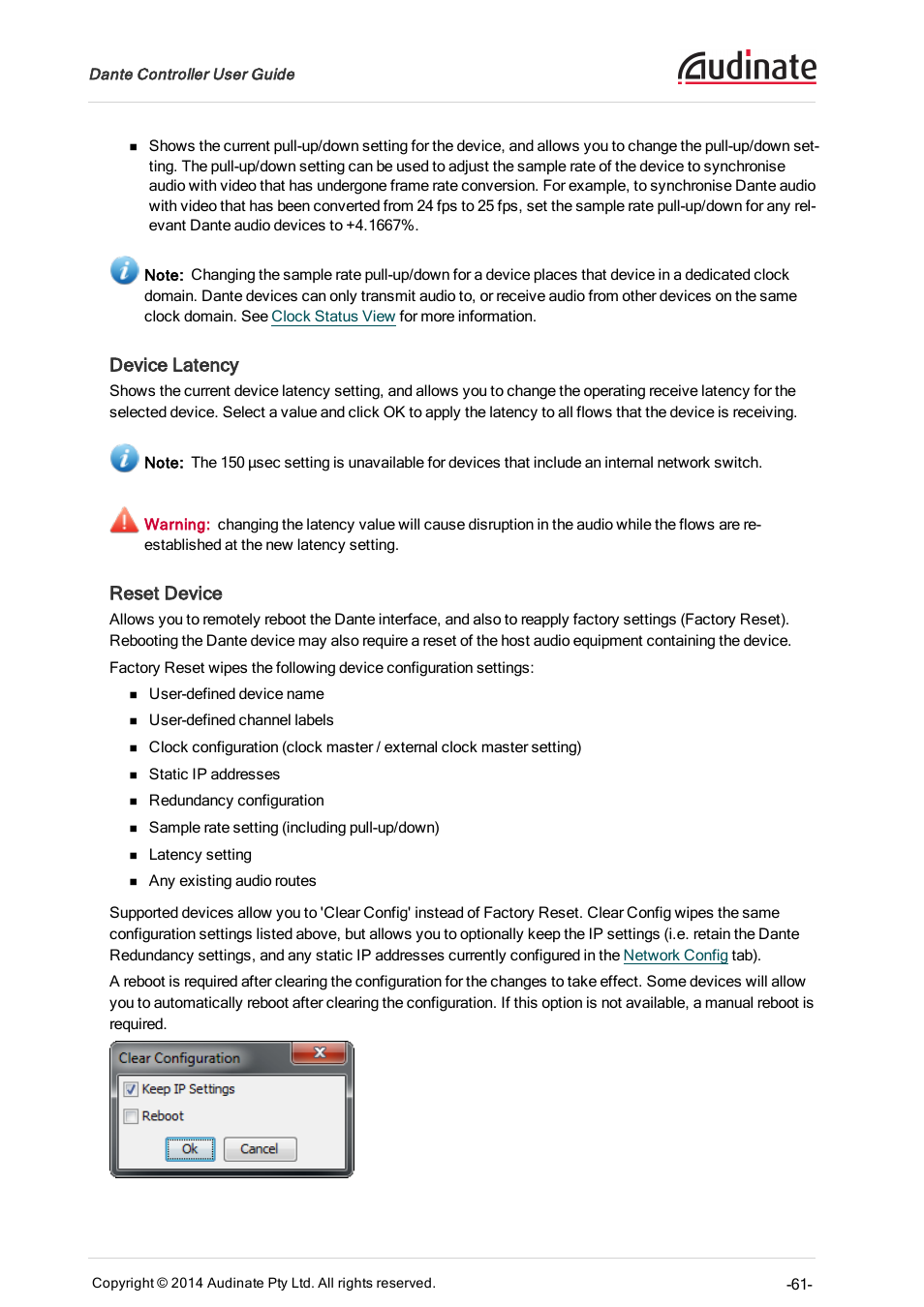 Device latency, Reset device | ClearOne Dante Controller User Manual | Page 61 / 82