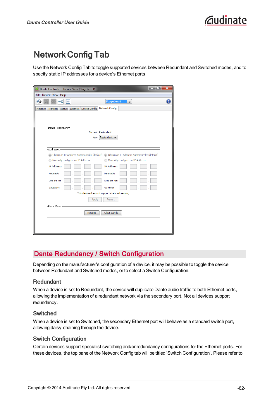 Network config tab, Dante redundancy / switch configuration, Redundant | Switched, Switch configuration, Network config | ClearOne Dante Controller User Manual | Page 62 / 82