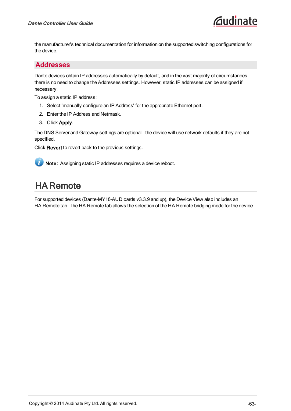 Addresses, Ha remote | ClearOne Dante Controller User Manual | Page 63 / 82