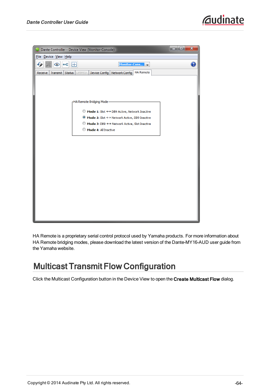 Multicast transmit flow configuration, Multicast flow, Multicast transmit flows | ClearOne Dante Controller User Manual | Page 64 / 82
