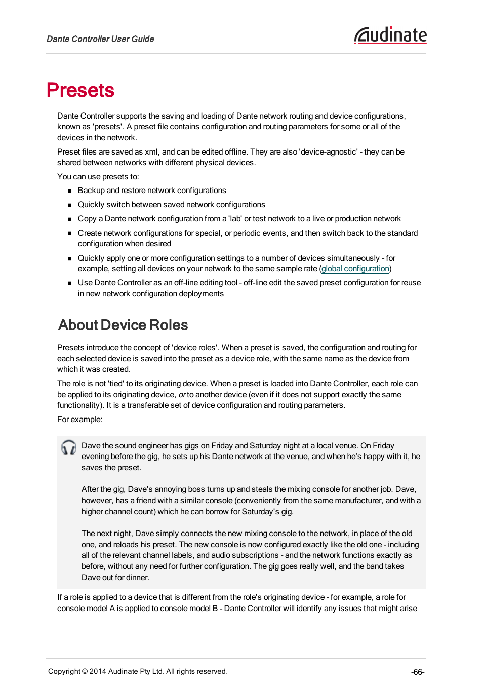 Presets, About device roles | ClearOne Dante Controller User Manual | Page 66 / 82