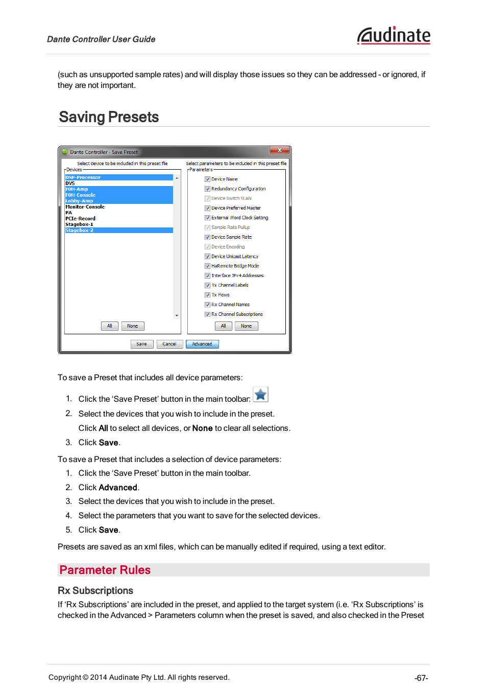 Saving presets, Parameter rules, Rx subscriptions | ClearOne Dante Controller User Manual | Page 67 / 82