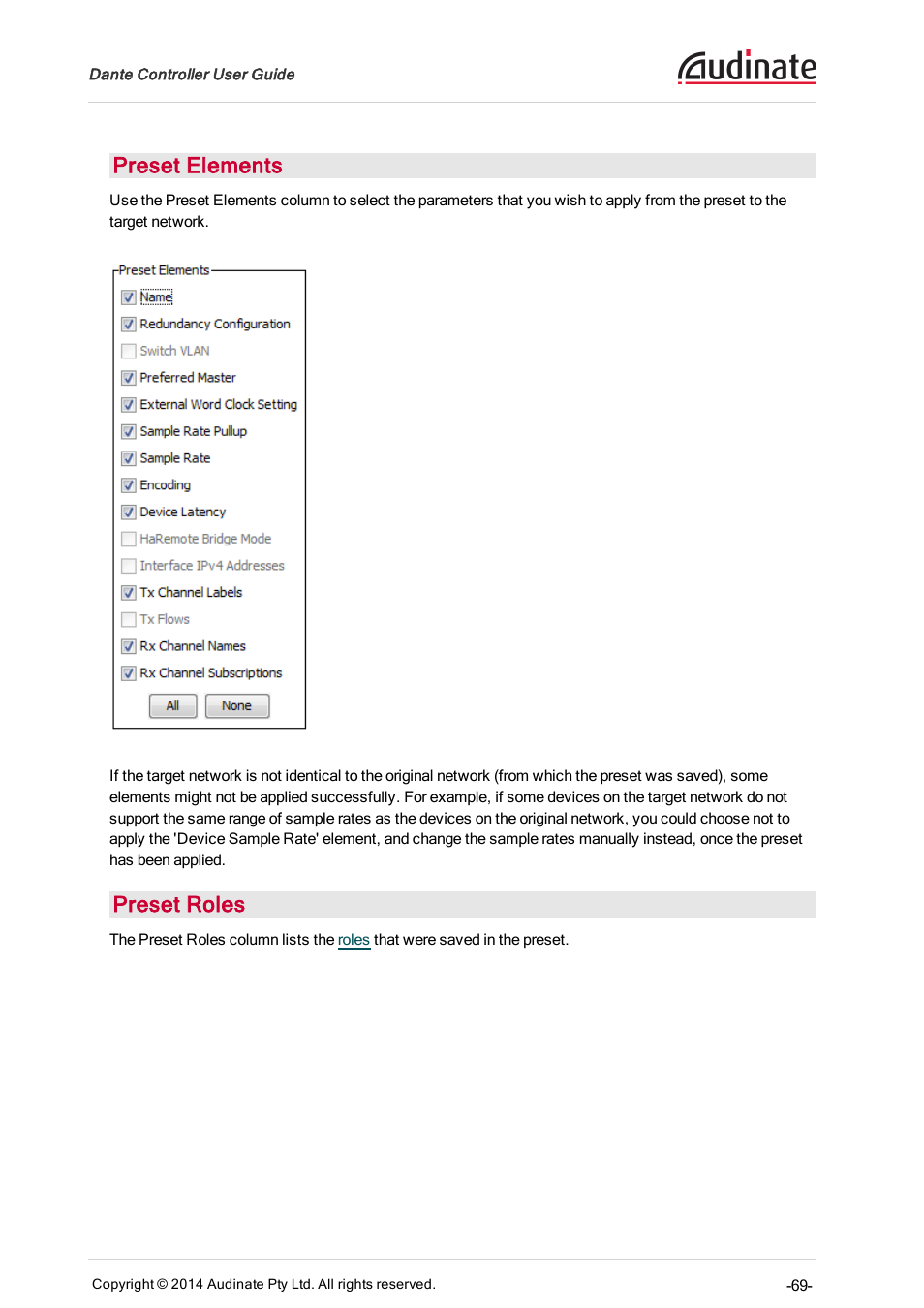 Preset elements, Preset roles | ClearOne Dante Controller User Manual | Page 69 / 82