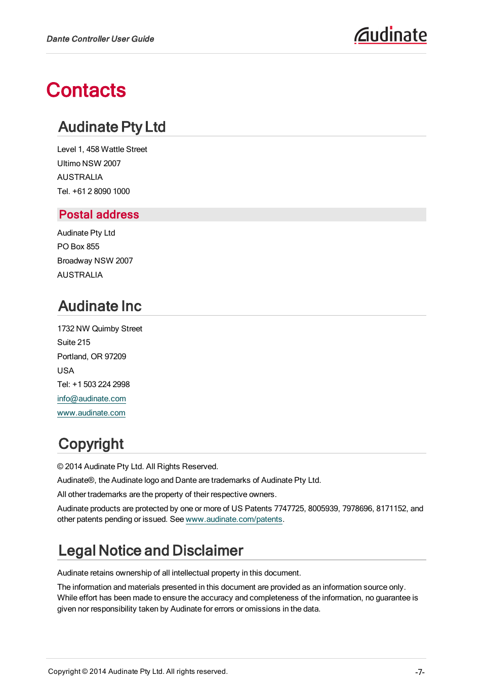 Contacts, Audinate pty ltd, Audinate inc | Copyright, Legal notice and disclaimer, Postal address | ClearOne Dante Controller User Manual | Page 7 / 82