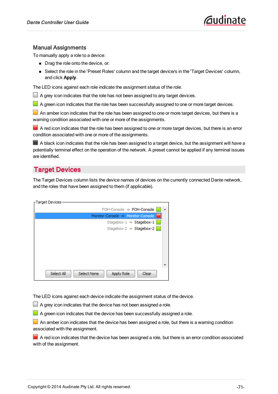 Manual assignments, Target devices | ClearOne Dante Controller User Manual | Page 71 / 82