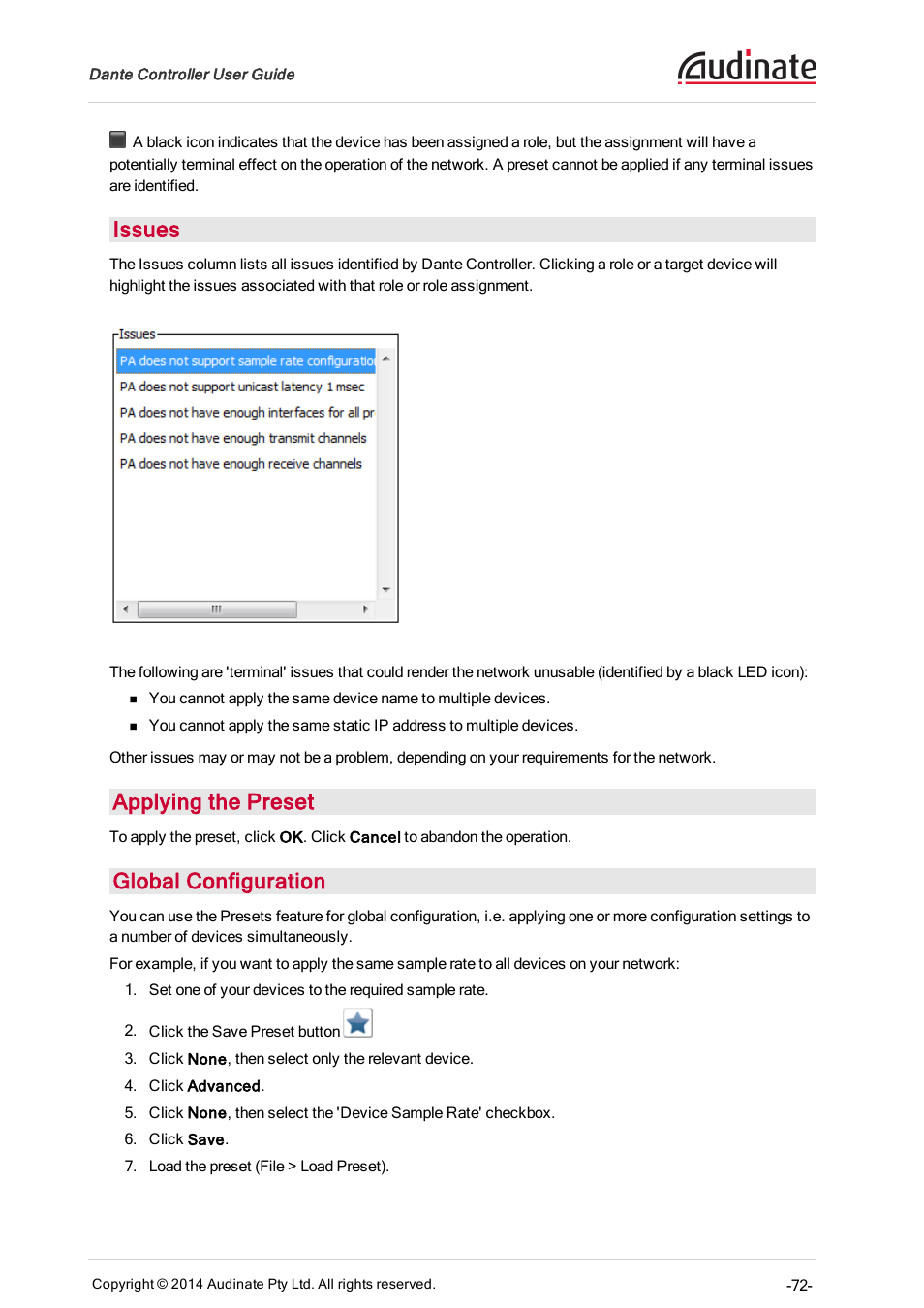 Issues, Applying the preset, Global configuration | ClearOne Dante Controller User Manual | Page 72 / 82