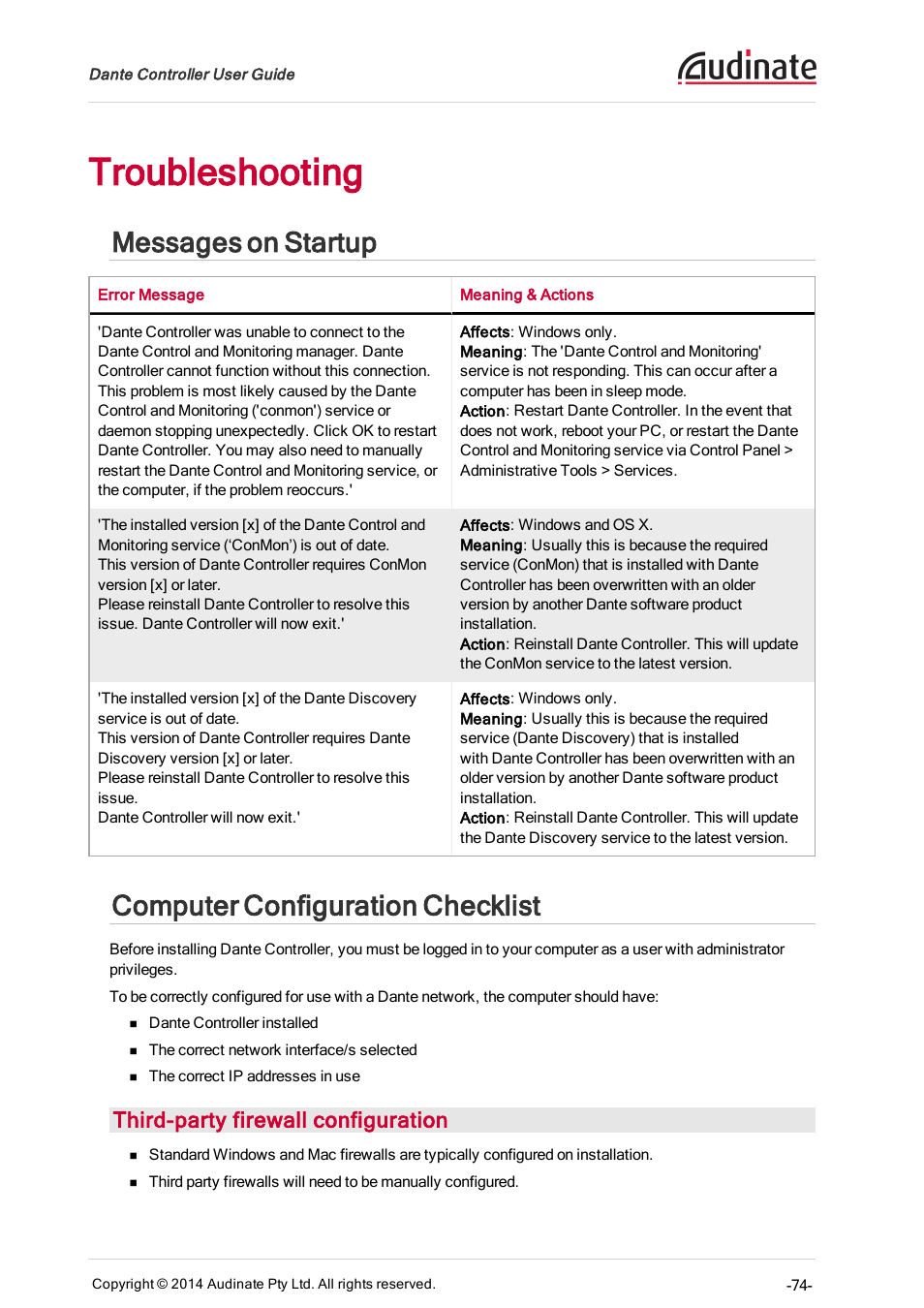 Troubleshooting, Messages on startup, Computer configuration checklist | Third-party firewall configuration | ClearOne Dante Controller User Manual | Page 74 / 82