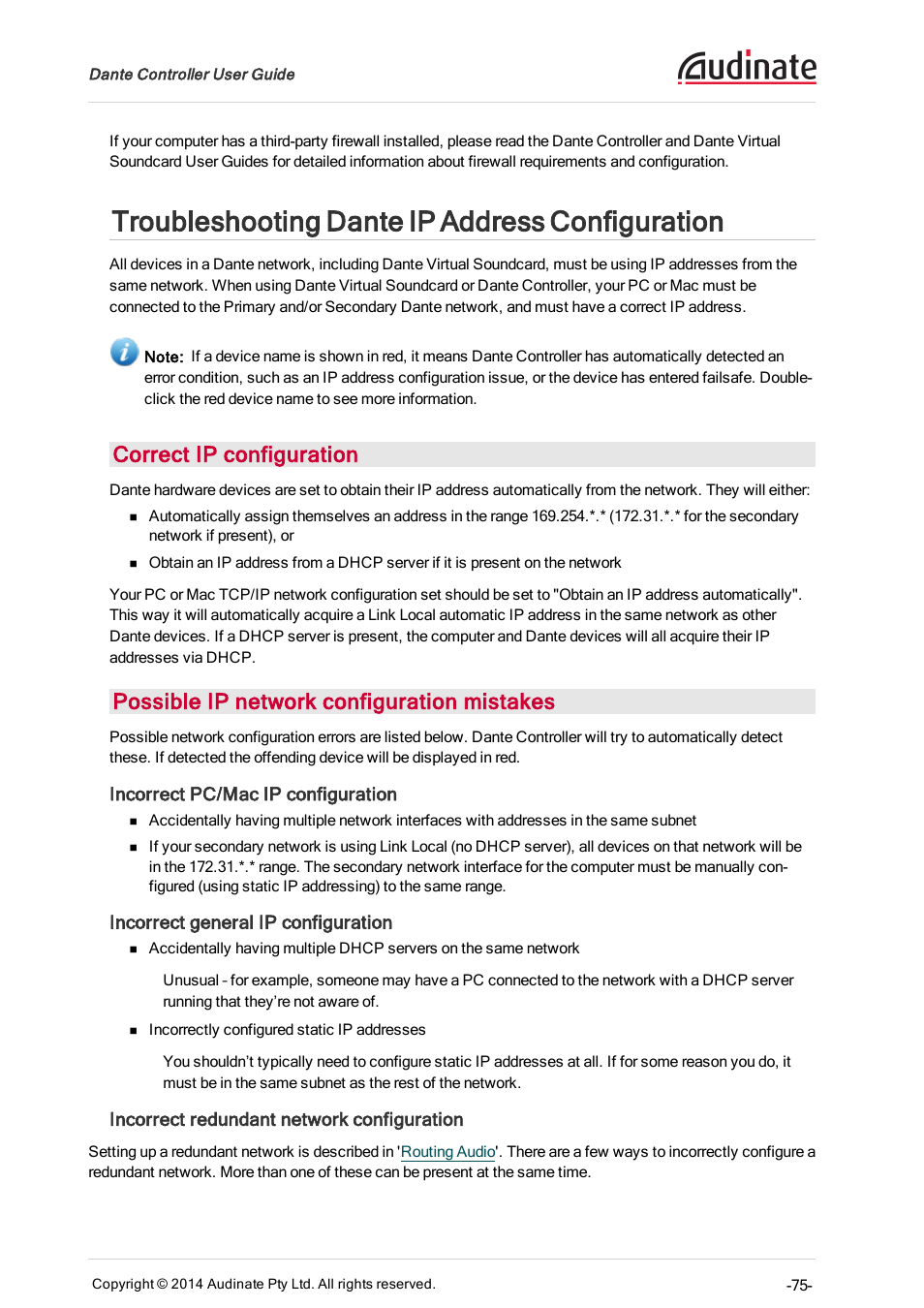 Troubleshooting dante ip address configuration, Correct ip configuration, Possible ip network configuration mistakes | Incorrect pc/mac ip configuration, Incorrect general ip configuration, Incorrect redundant network configuration | ClearOne Dante Controller User Manual | Page 75 / 82
