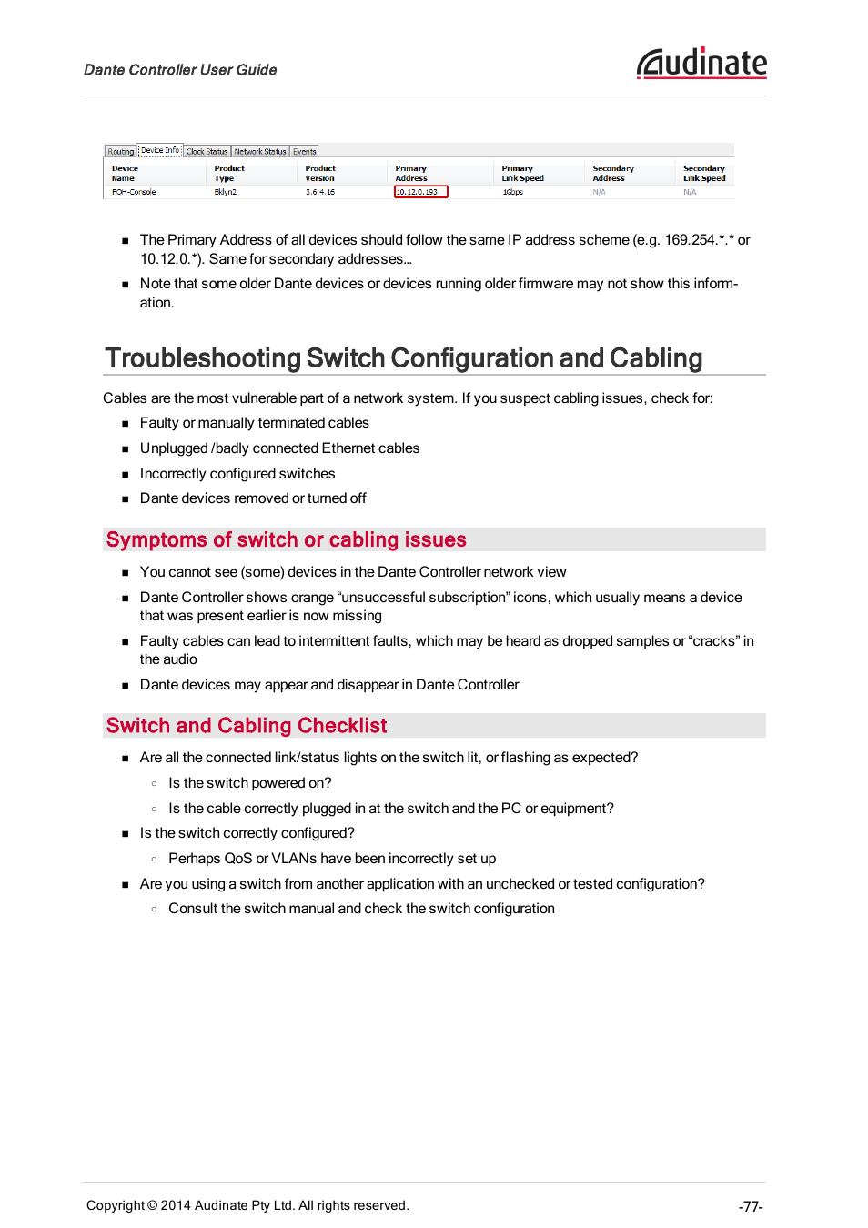 Troubleshooting switch configuration and cabling, Symptoms of switch or cabling issues, Switch and cabling checklist | ClearOne Dante Controller User Manual | Page 77 / 82