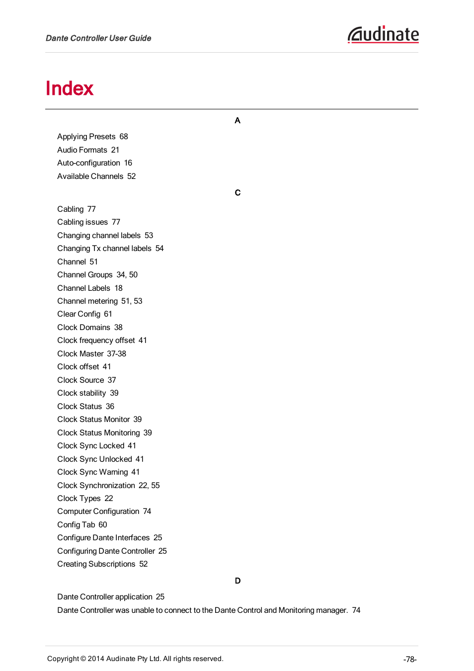 Index | ClearOne Dante Controller User Manual | Page 78 / 82