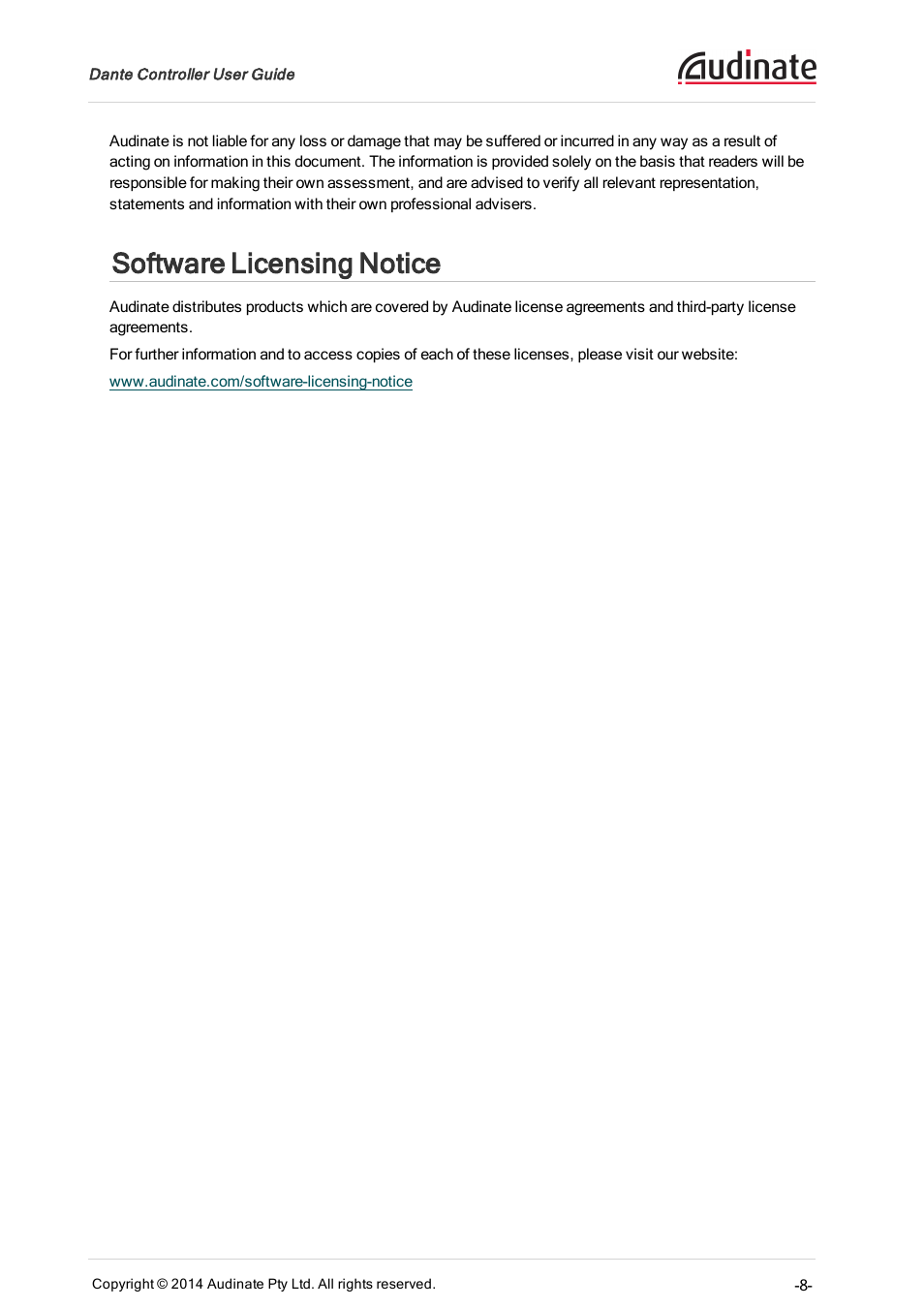 Software licensing notice | ClearOne Dante Controller User Manual | Page 8 / 82