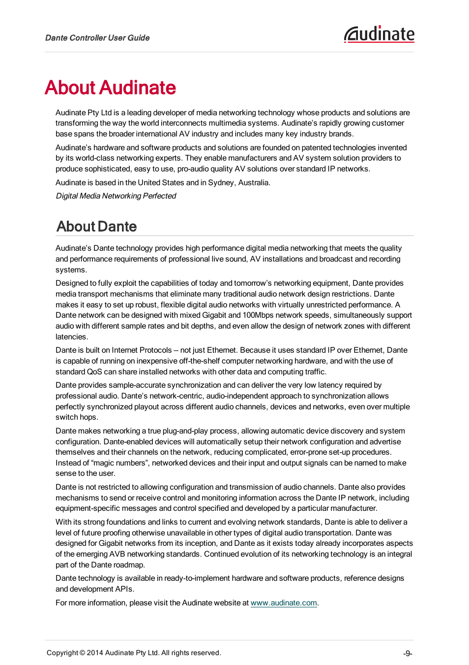 About audinate, About dante | ClearOne Dante Controller User Manual | Page 9 / 82