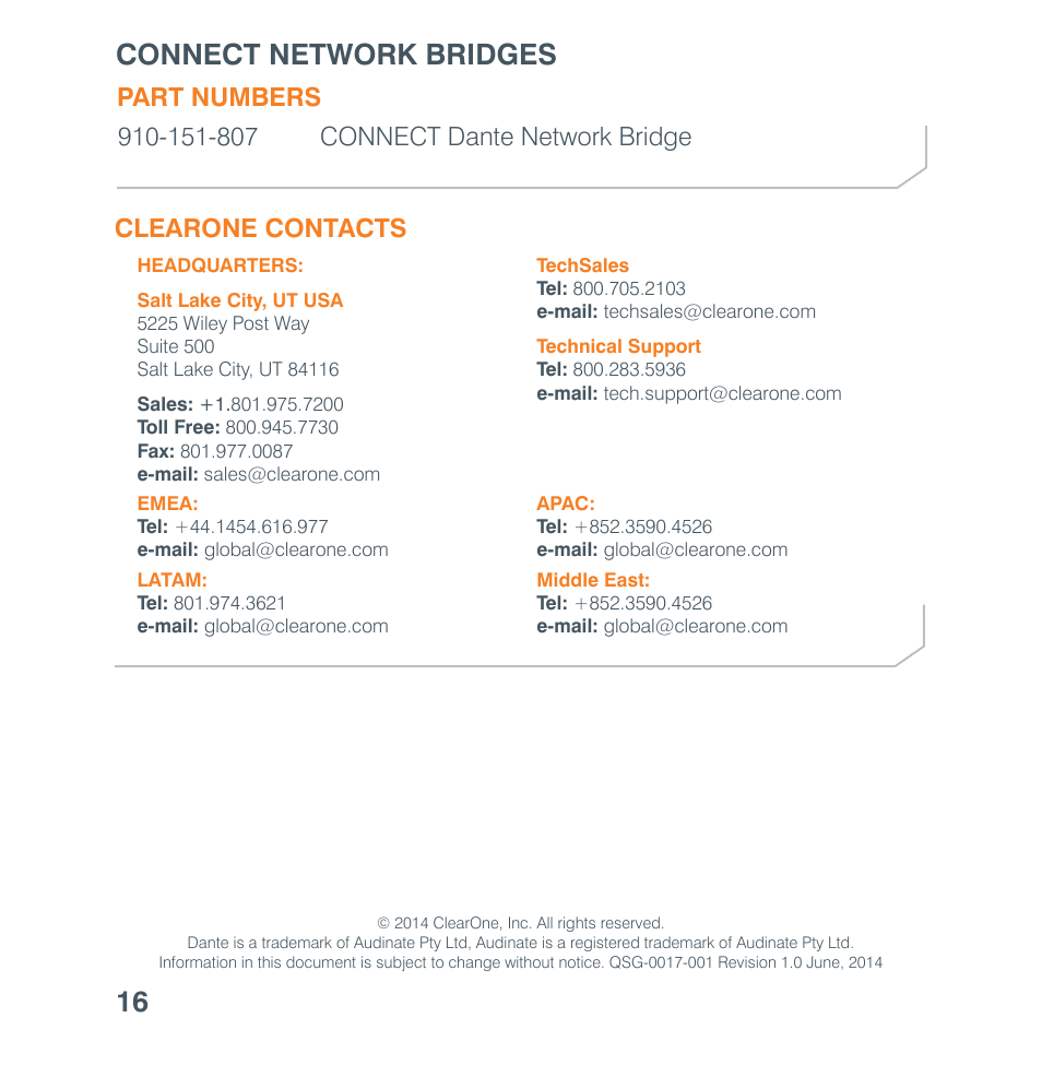 Part numbers, Clearone contacts, Part numbers clearone locations | Connect network bridges 16 | ClearOne Connect Dante User Manual | Page 10 / 10