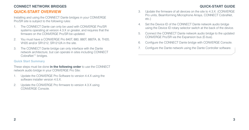 Quick-start overview, Quick start summary, Uick | Tart, Ummary | ClearOne Connect Dante User Manual | Page 3 / 10