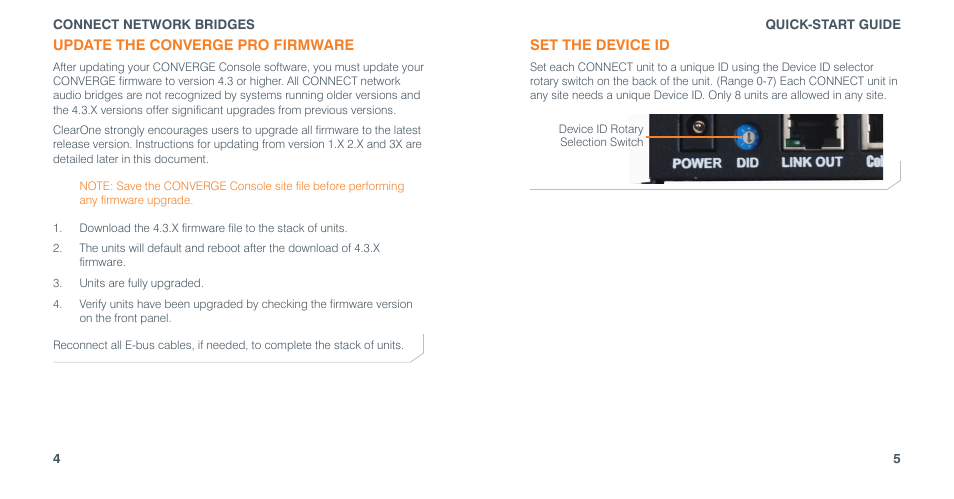 Update the converge pro firmware, Set the device id, Update the converge pro firmware set the device id | ClearOne Connect Dante User Manual | Page 4 / 10