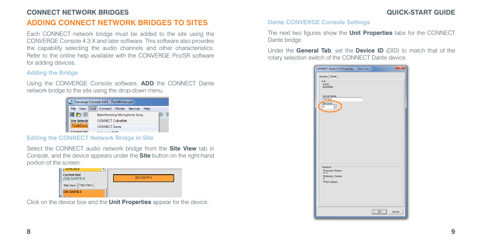 Adding connect network bridges to sites, Adding the bridge, Editing the connect network bridge in site | Dante converge console settings, Dding, Ridge, Ditiing, Connect n, Etwork, Ante | ClearOne Connect Dante User Manual | Page 6 / 10