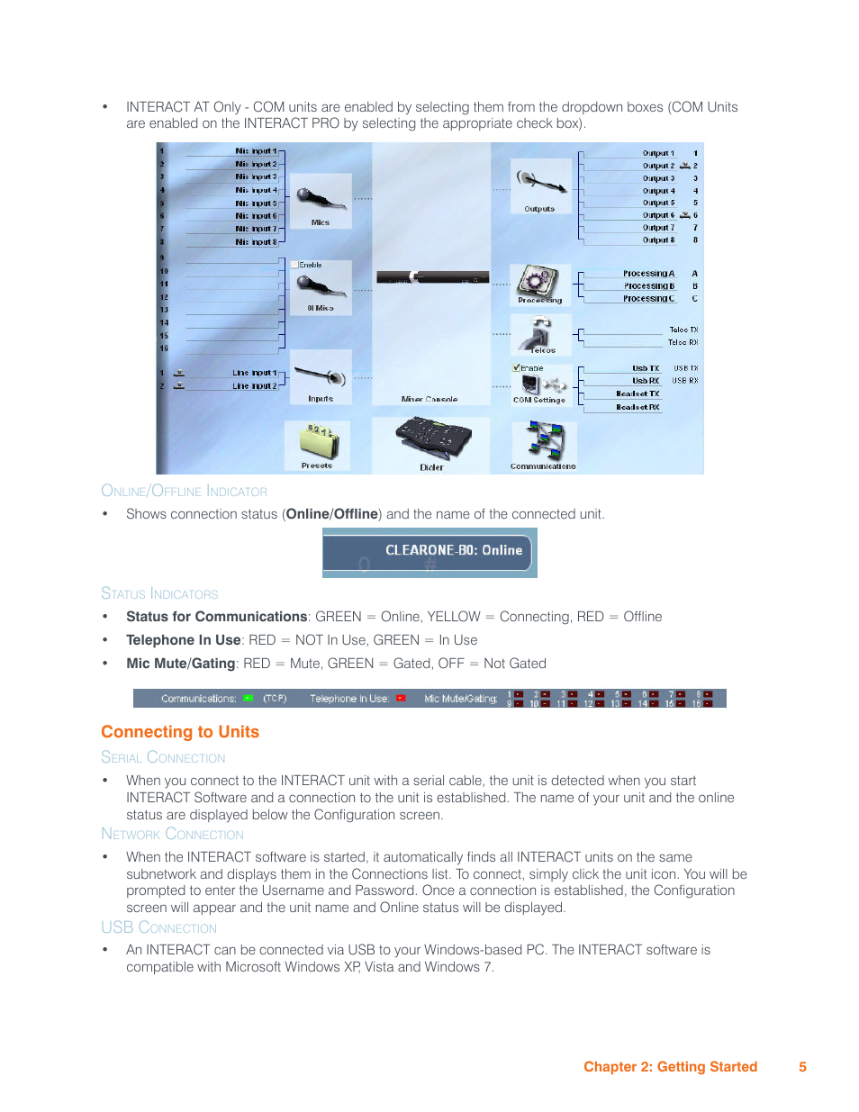 Online/offline indicator, Status indicators, Connecting to units | Serial connection, Network connection, Usb connection, Online/offline indicator status indicators, Onnecting, Nits | ClearOne Interact Manual User Manual | Page 10 / 68