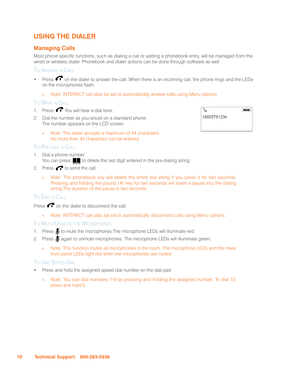 Using the dialer, Managing calls, To answer a call | To make a call, To pre-dial a call, To end a call, To mute/unmute the microphones, To use speed dial, Anaging, Alls | ClearOne Interact Manual User Manual | Page 15 / 68