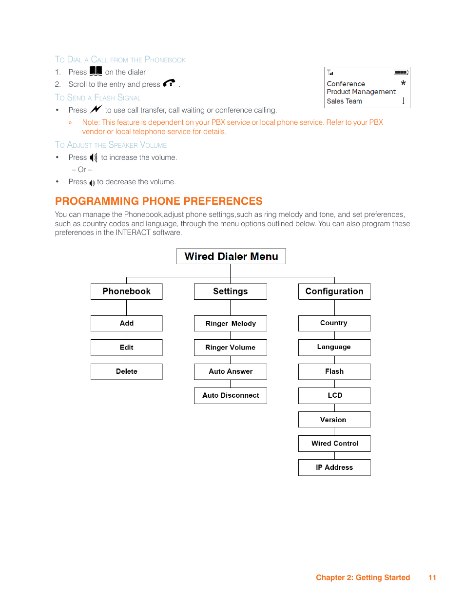 To dial a call from the phonebook, To send a flash signal, To adjust the speaker volume | Programming phone preferences | ClearOne Interact Manual User Manual | Page 16 / 68