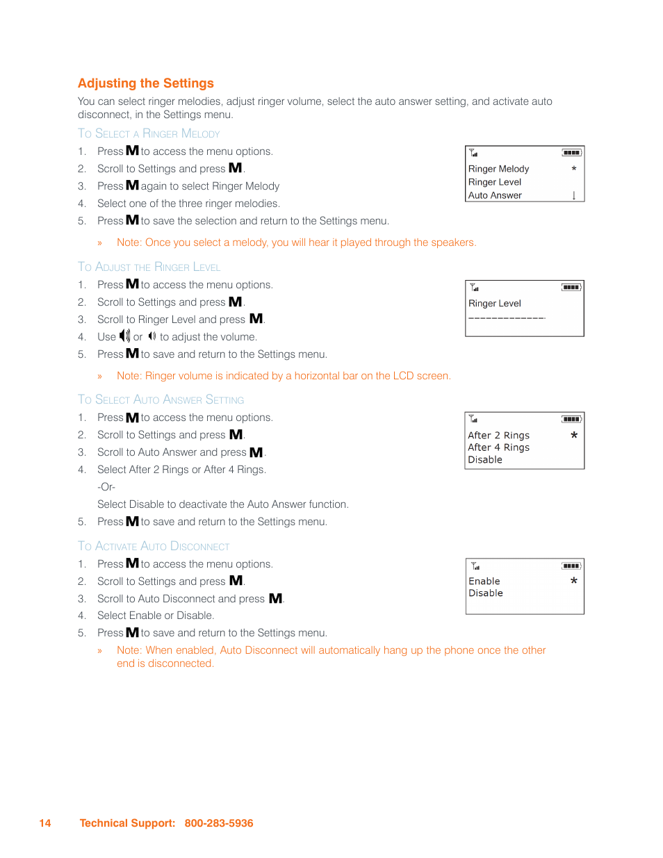 Adjusting the settings, To select a ringer melody, To adjust the ringer level | To select auto answer setting, To activate auto disconnect, Djusting, Ettings | ClearOne Interact Manual User Manual | Page 19 / 68