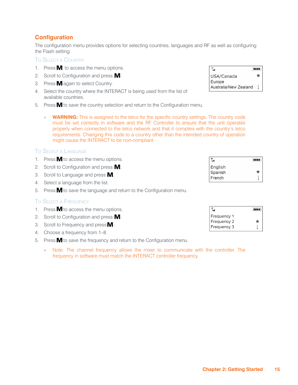 Configuration, To select a country, To select a language | To select a frequency, Onfiguration | ClearOne Interact Manual User Manual | Page 20 / 68