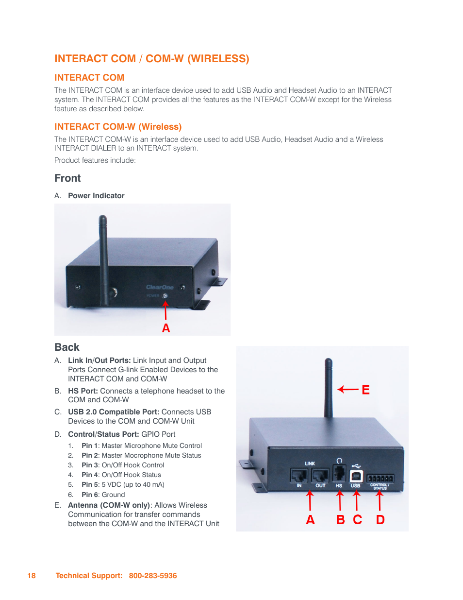 Interact com / com-w (wireless), Interact com, Interact com-w (wireless) | Interact com interact com-w (w, Ireless, Front, Back | ClearOne Interact Manual User Manual | Page 23 / 68