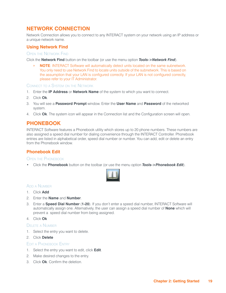 Network connection, Using network find, Open the network find | Connect to a system on the network, Phonebook, Phonebook edit, Open the phonebook, Add a number, Delete a number, Edit a phonebook entry | ClearOne Interact Manual User Manual | Page 24 / 68