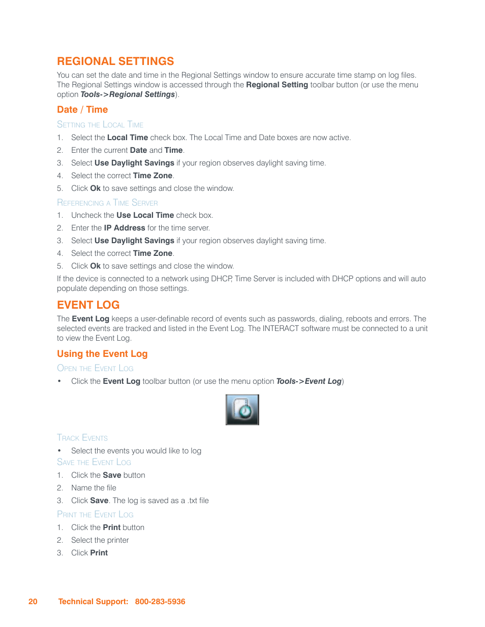 Regional settings, Date / time, Setting the local time | Referencing a time server, Event log, Using the event log, Open the event log, Track events, Save the event log, Print the event log | ClearOne Interact Manual User Manual | Page 25 / 68