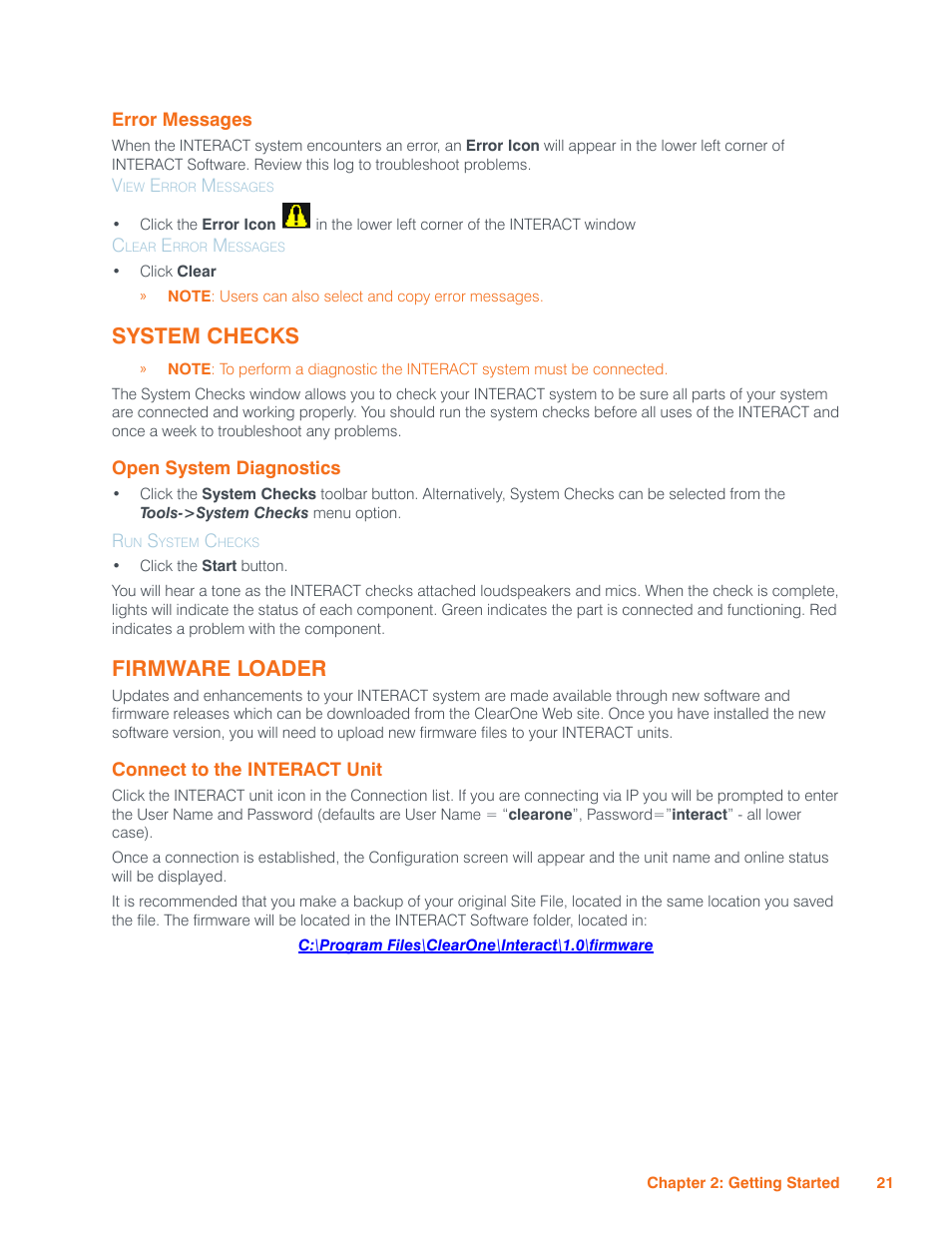 Error messages, View error messages, Clear error messages | System checks, Open system diagnostics, Run system checks, Firmware loader, Connect to the interact unit, Rror, Essages | ClearOne Interact Manual User Manual | Page 26 / 68