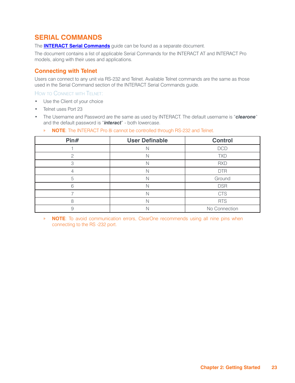 Serial commands, Connecting with telnet, How to connect with telnet | Use the client of your choice, Telnet uses port 23, Onnecting, With, Elnet | ClearOne Interact Manual User Manual | Page 28 / 68