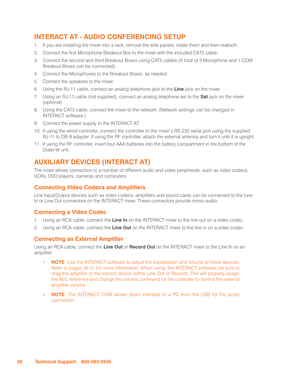 Interact at - audio conferencing setup, Auxiliary devices (interact at), Connecting video codecs and amplifiers | Connecting a video codec, Connecting an external amplifier, Onnecting, Ideo, Odecs, Mplifiers, Odec | ClearOne Interact Manual User Manual | Page 31 / 68