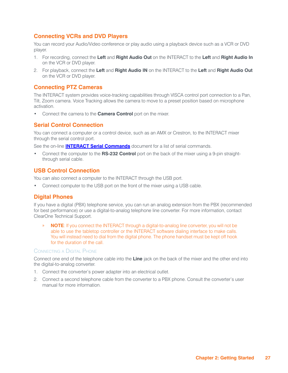 Connecting vcrs and dvd players, Connecting ptz cameras, Serial control connection | Usb control connection, Digital phones, Connecting a digital phone, Onnecting, Dvd p, Layers, Ptz c | ClearOne Interact Manual User Manual | Page 32 / 68