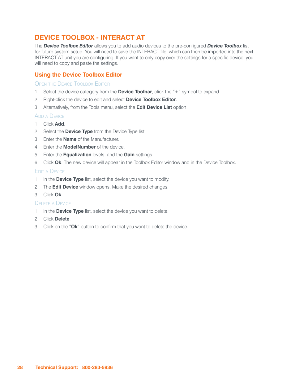 Device toolbox - interact at, Using the device toolbox editor, Open the device toolbox editor | Add a device, Edit a device, Delete a device, Sing, Evice, Oolbox, Ditor | ClearOne Interact Manual User Manual | Page 33 / 68
