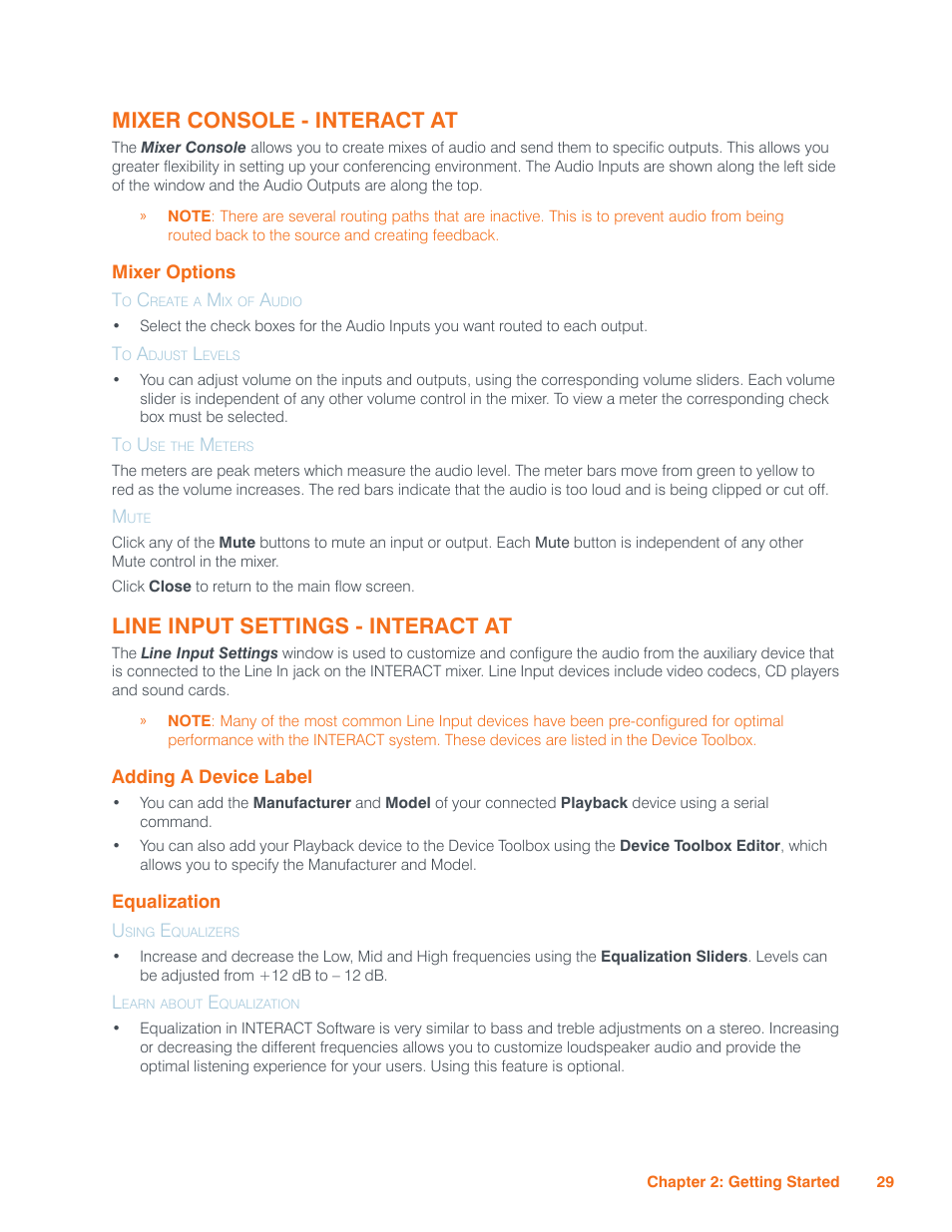 Mixer console - interact at, Mixer options, To create a mix of audio | To adjust levels, To use the meters, Mute, Line input settings - interact at, Adding a device label, Equalization, Using equalizers | ClearOne Interact Manual User Manual | Page 34 / 68