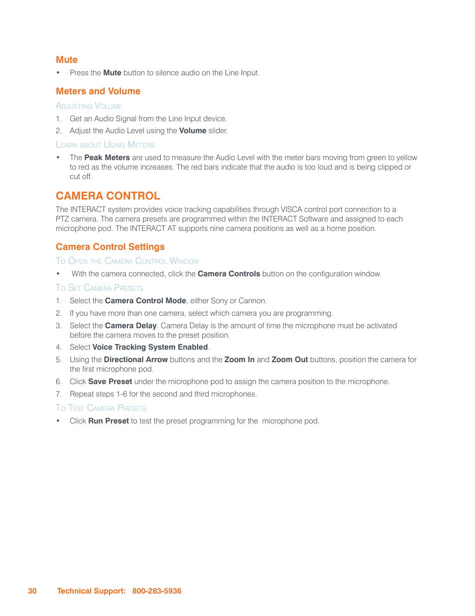 Mute, Meters and volume, Adjusting volume | Learn about using meters, Camera control, Camera control settings, To open the camera control window, To set camera presets, To test camera presets, Eters | ClearOne Interact Manual User Manual | Page 35 / 68