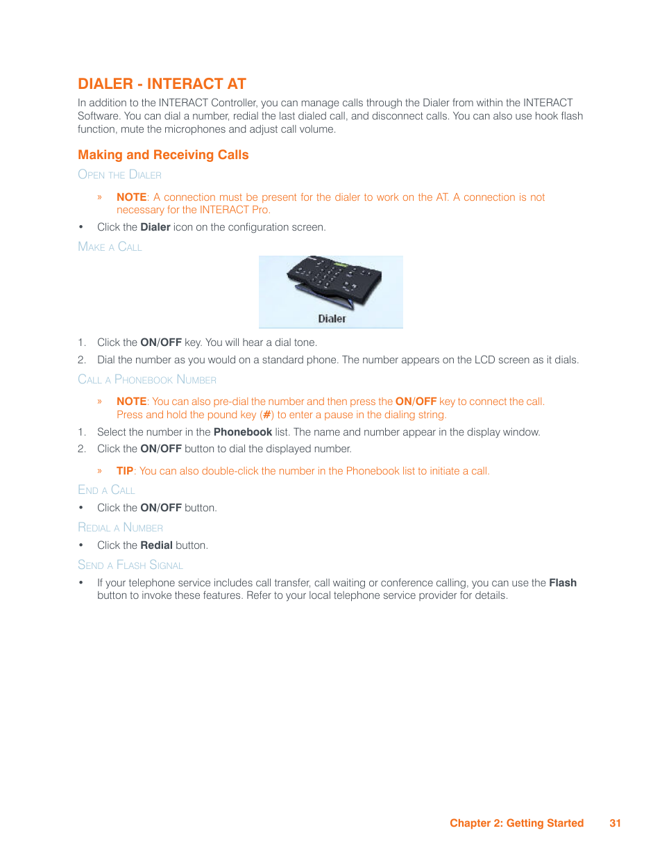 Dialer - interact at, Making and receiving calls, Open the dialer | Make a call, Call a phonebook number, End a call, Redial a number, Send a flash signal, Aking, Eceiving | ClearOne Interact Manual User Manual | Page 36 / 68