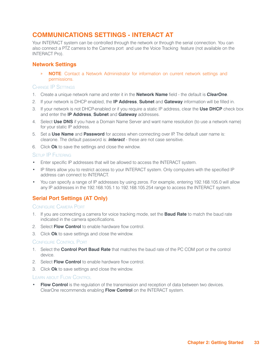 Communications settings - interact at, Network settings, Change ip settings | Setup ip filtering, Serial port settings (at only), Configure camera port, Configure control port, Learn about flow control, Etwork, Ettings | ClearOne Interact Manual User Manual | Page 38 / 68