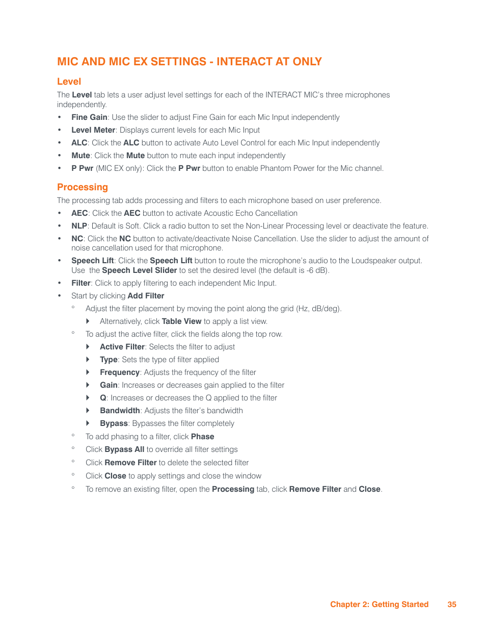 Mic and mic ex settings - interact at only, Level, Processing | Evel, Rocessing | ClearOne Interact Manual User Manual | Page 40 / 68