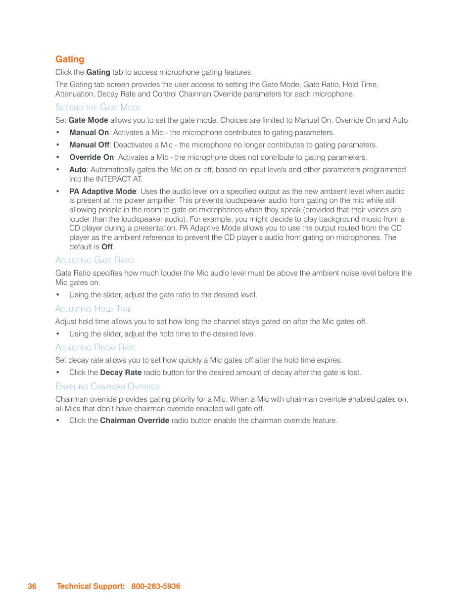 Gating, Setting the gate mode, Adjusting gate ratio | Adjusting hold time, Adjusting decay rate, Enabling chairman override, Ating, Adjusting decay rate enabling chairman override | ClearOne Interact Manual User Manual | Page 41 / 68