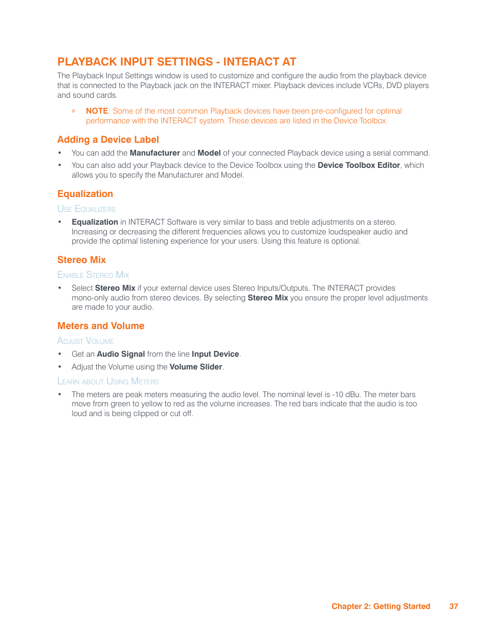 Playback input settings - interact at, Adding a device label, Equalization | Use equalizers, Stereo mix, Enable stereo mix, Meters and volume, Adjust volume, Learn about using meters, Dding | ClearOne Interact Manual User Manual | Page 42 / 68