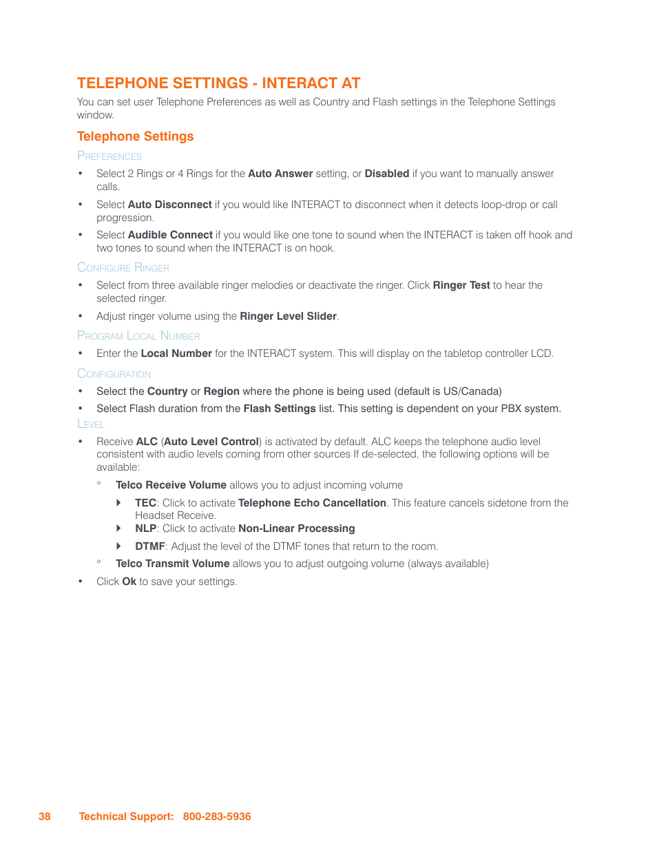 Telephone settings - interact at, Telephone settings, Preferences | Configure ringer, Program local number, Configuration, Level, Elephone, Ettings | ClearOne Interact Manual User Manual | Page 43 / 68