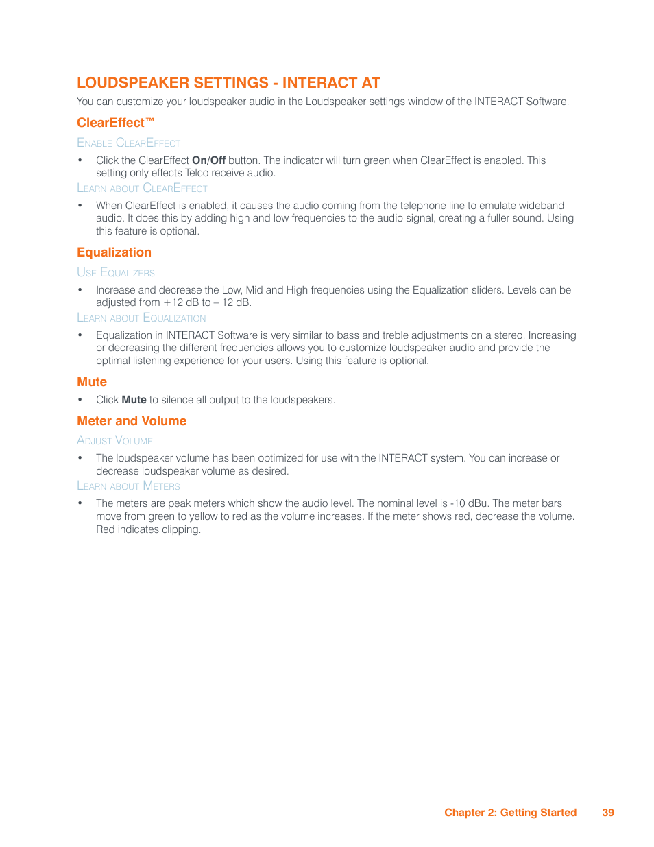 Loudspeaker settings - interact at, Cleareffect, Enable cleareffect | Learn about cleareffect, Equalization, Use equalizers, Learn about equalization, Mute, Meter and volume, Adjust volume | ClearOne Interact Manual User Manual | Page 44 / 68