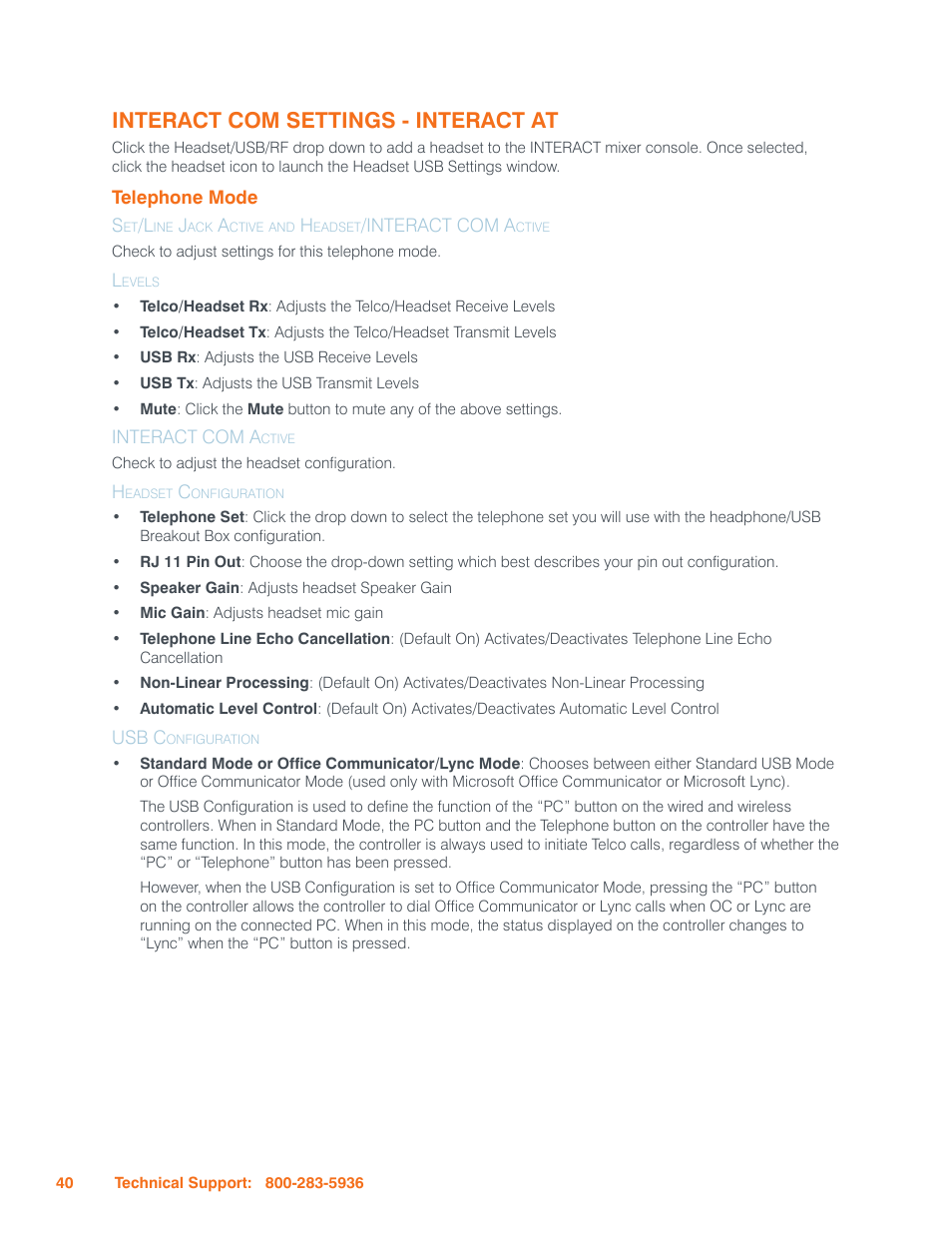 Interact com settings - interact at, Telephone mode, Levels | Interact com active, Headset configuration, Usb configuration, Elephone | ClearOne Interact Manual User Manual | Page 45 / 68